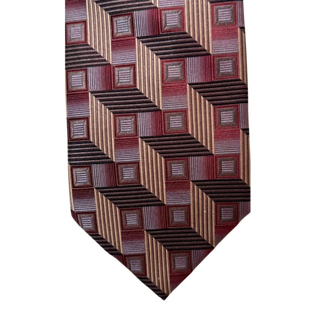 Long Mens Silk Neck Tie Screenplay By Martin Wong Black Maroon Gold Geometric